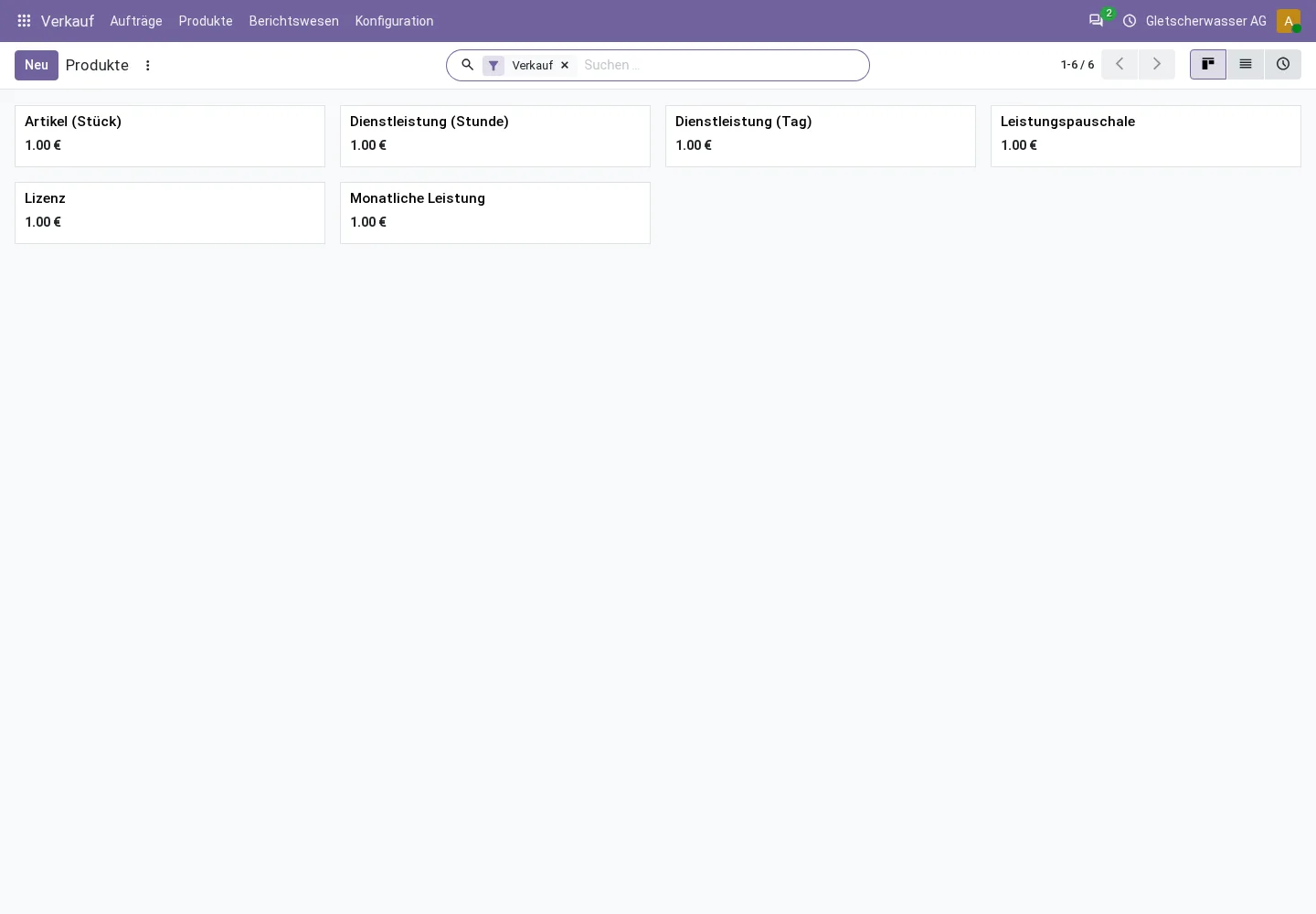Odoo-Produktkatalog mit Artikeln und Dienstleistungen