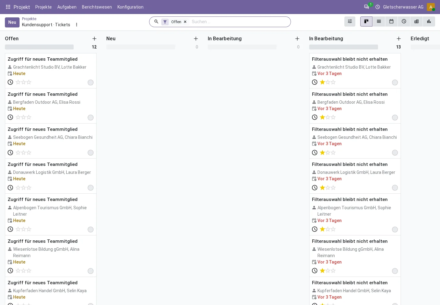Odoo-Projektmodul mit einem für Supportanfragen eingerichteten Kanban-Board