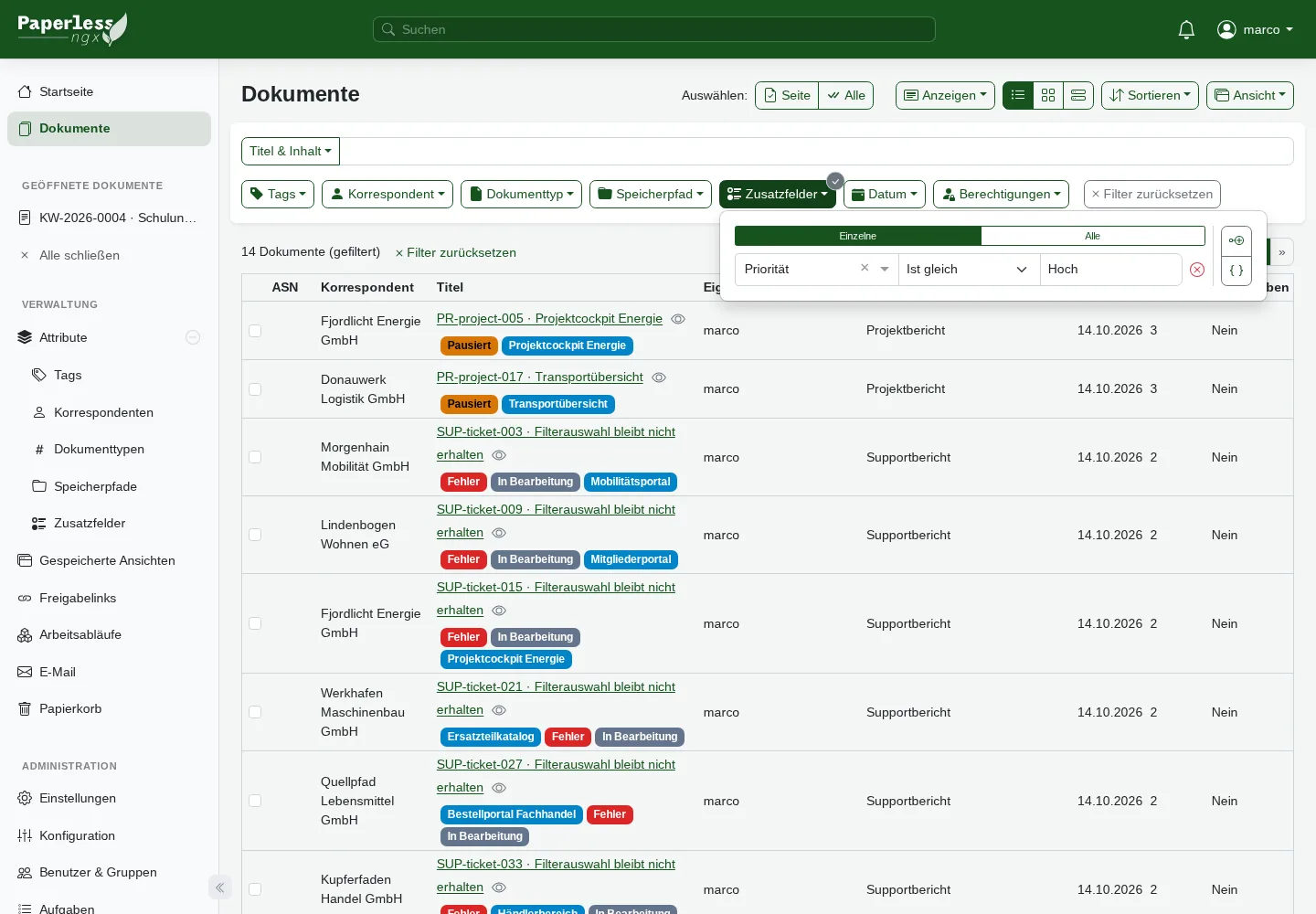 Paperless-ngx-Filter für das Zusatzfeld Priorität mit dem Wert Hoch und 14 Treffern